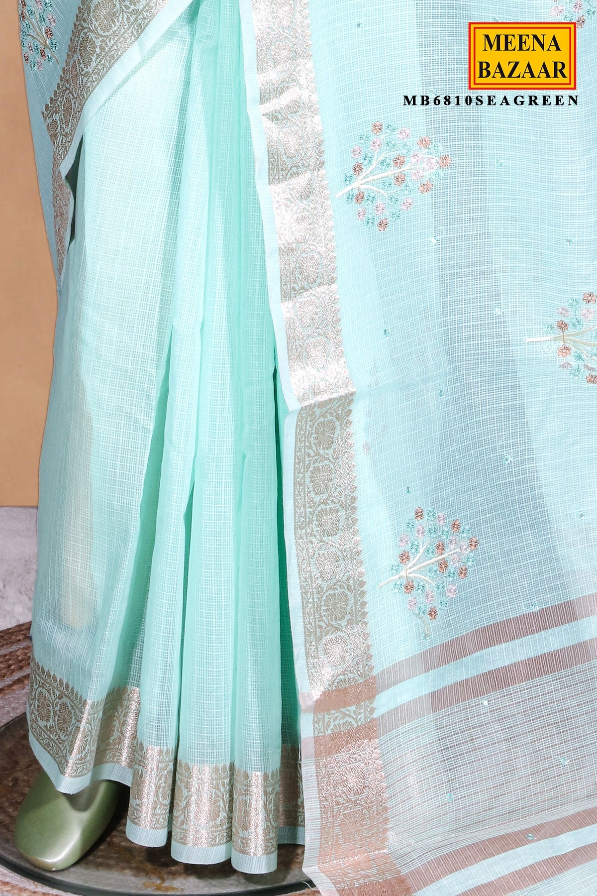 Sea Green Cotton Saree with Resham Butta Weaving