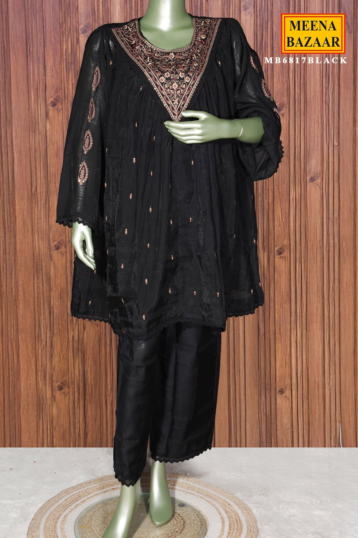 Black Maslin Ready Made Suit with Neck Embroidery