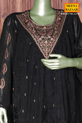 Black Maslin Ready Made Suit with Neck Embroidery