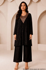 Black Maslin Ready Made Suit with Neck Embroidery