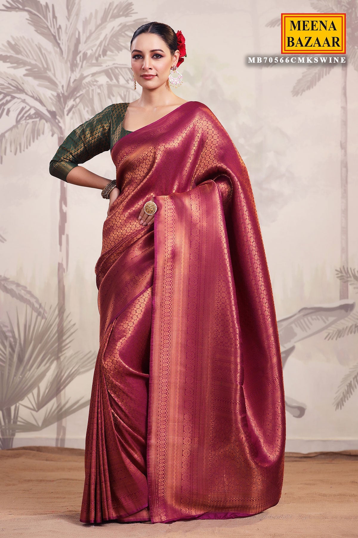 Wine Silk Woven Saree