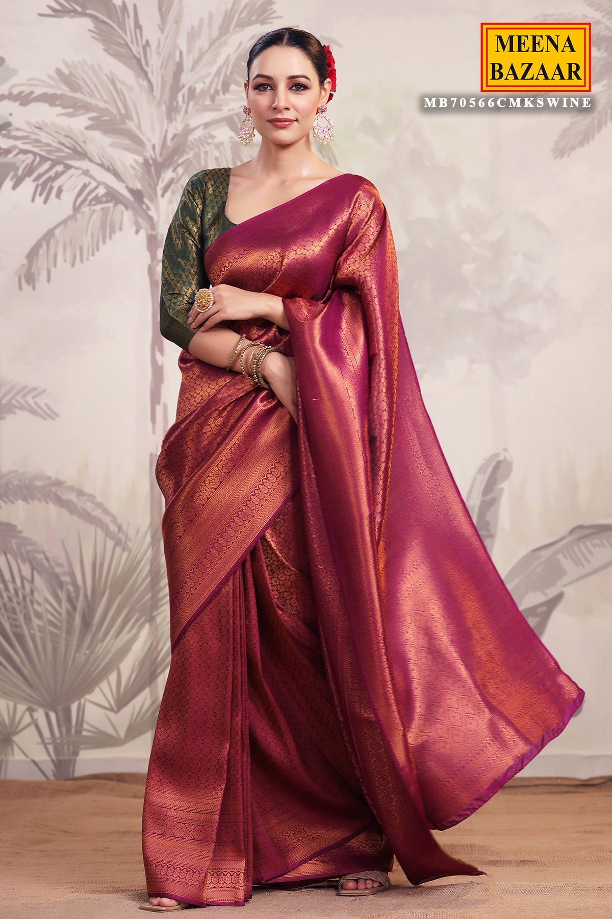 Wine Silk Woven Saree