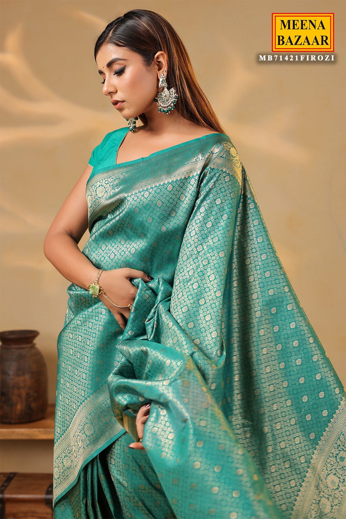 Firozi Silk Weaving Saree Elegant Festive & Wedding Wear