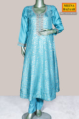 Firozi Neck Embroidered Silk Readymade Suit Party & Festive Wear