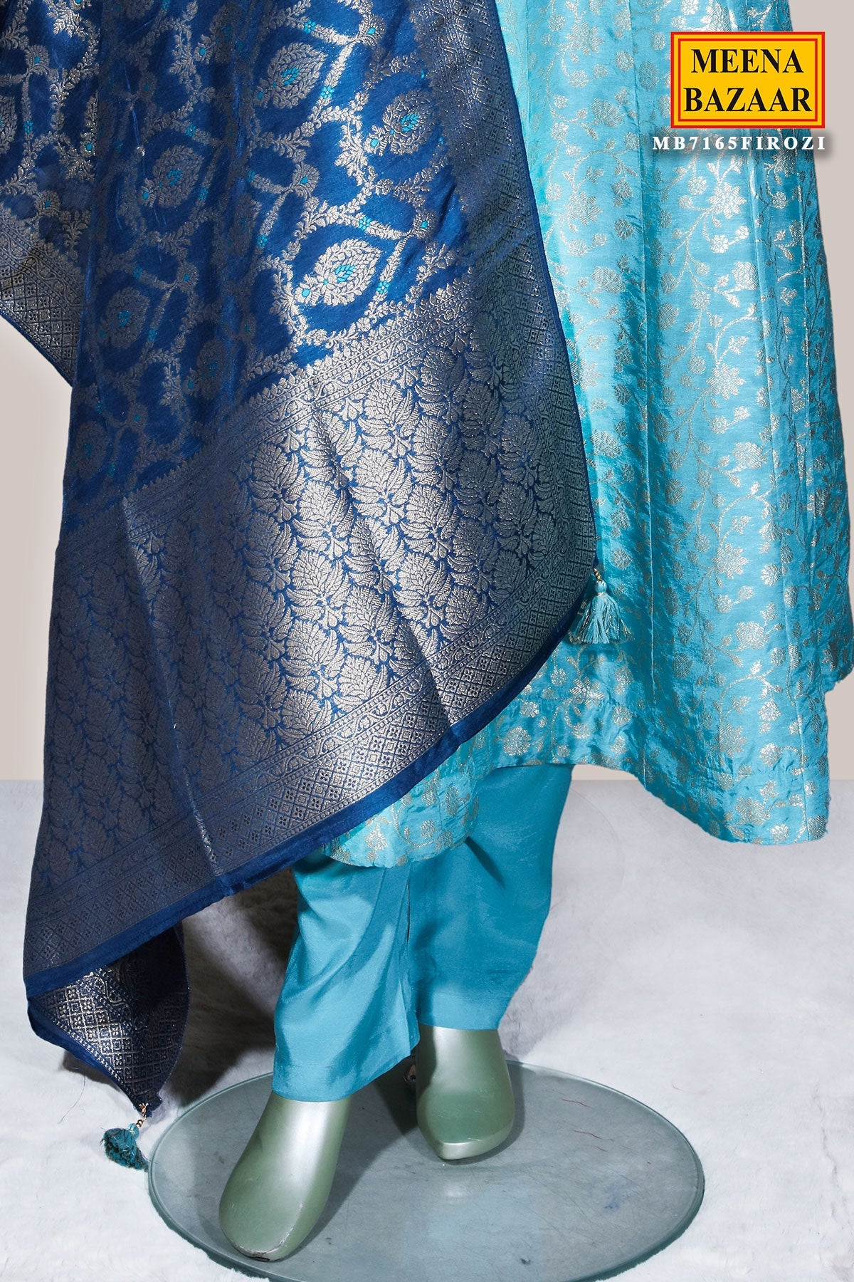 Firozi Neck Embroidered Silk Readymade Suit Party & Festive Wear