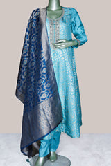 Firozi Neck Embroidered Silk Readymade Suit Party & Festive Wear