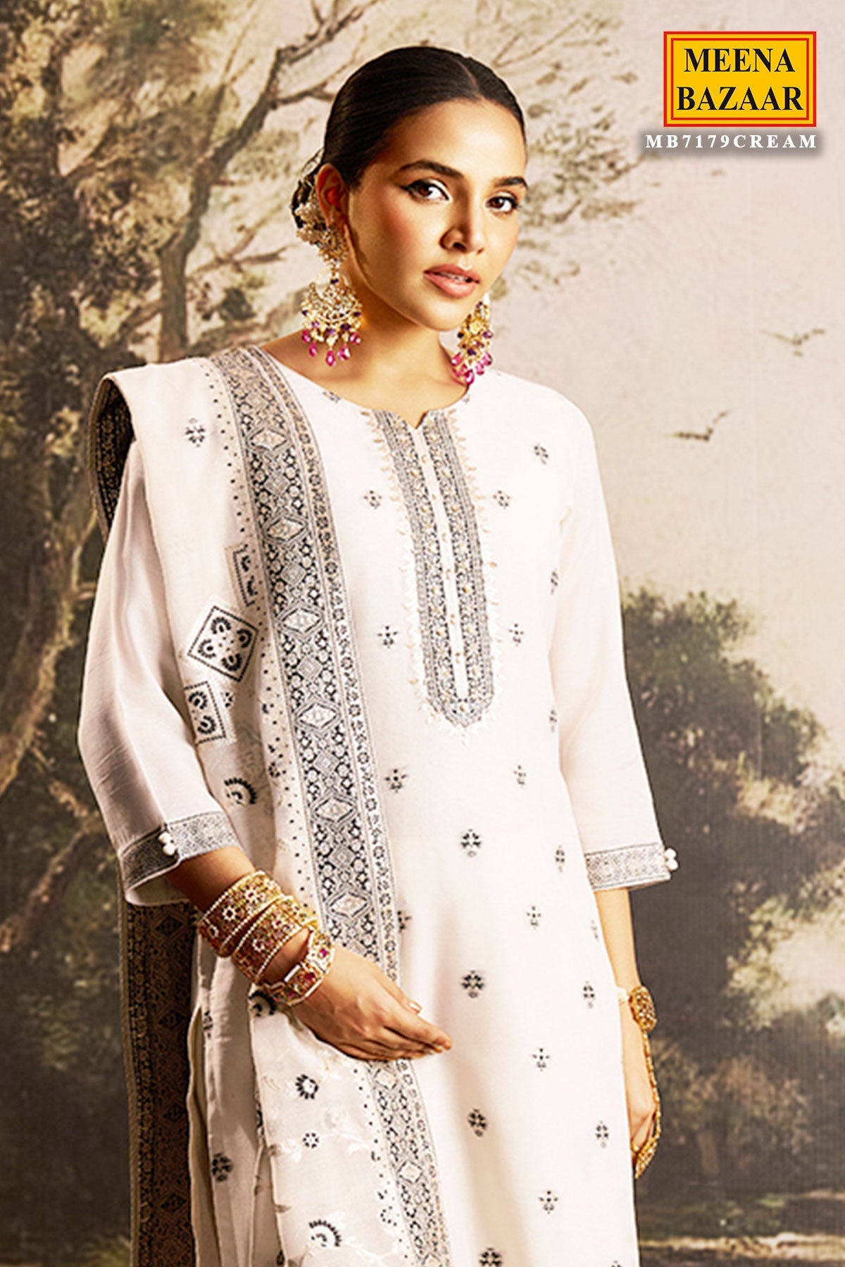 Cream Cotton Ready Made Suit with Neck Embroidery