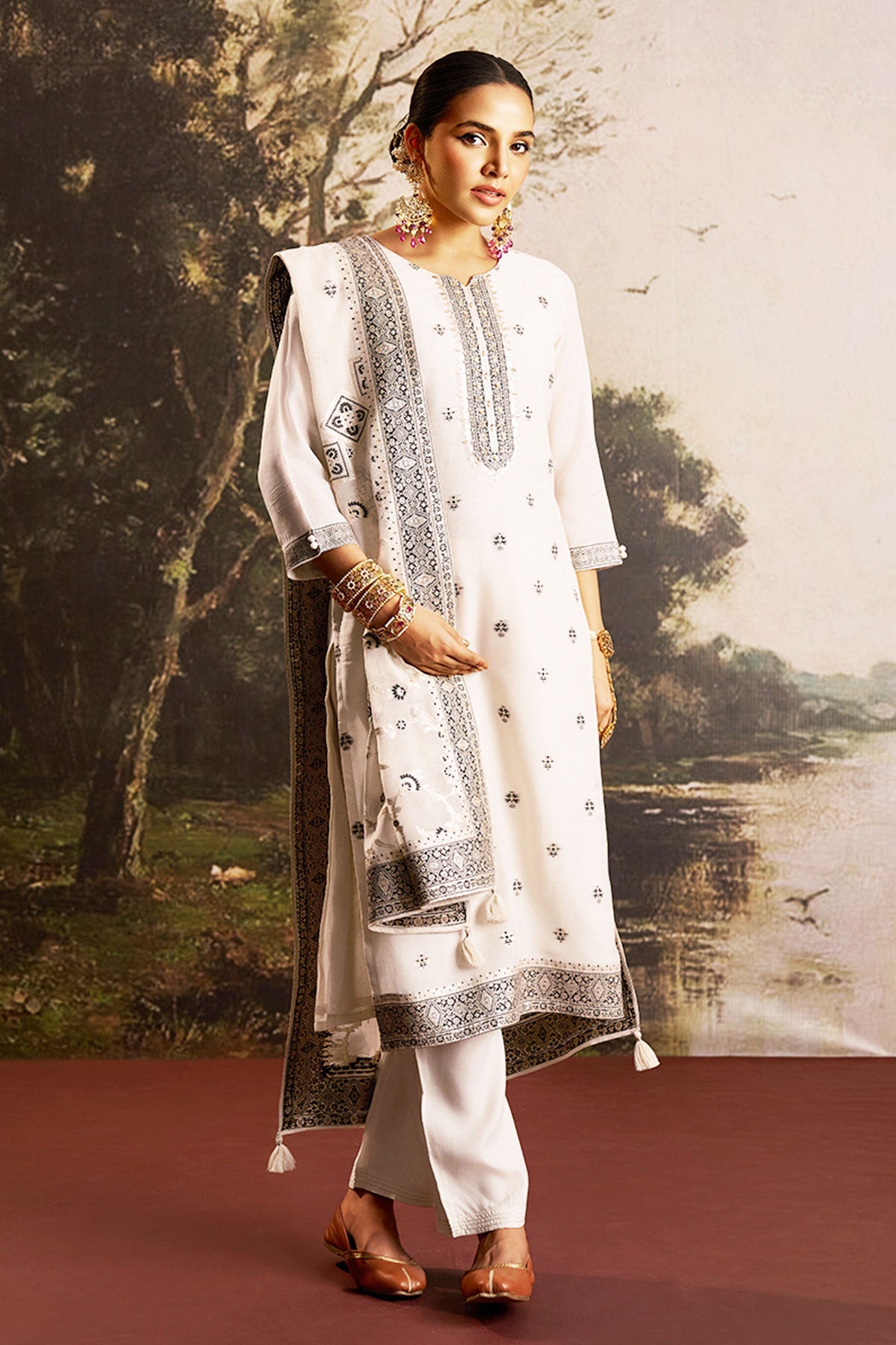 Cream Cotton Ready Made Suit with Neck Embroidery