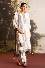 Cream Cotton Ready Made Suit with Neck Embroidery