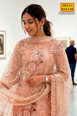 Elegant Peach Maslin Unstitched Suit with Embroidered Detailing