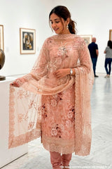 Elegant Peach Maslin Unstitched Suit with Embroidered Detailing