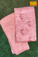 Elegant Peach Maslin Unstitched Suit with Embroidered Detailing