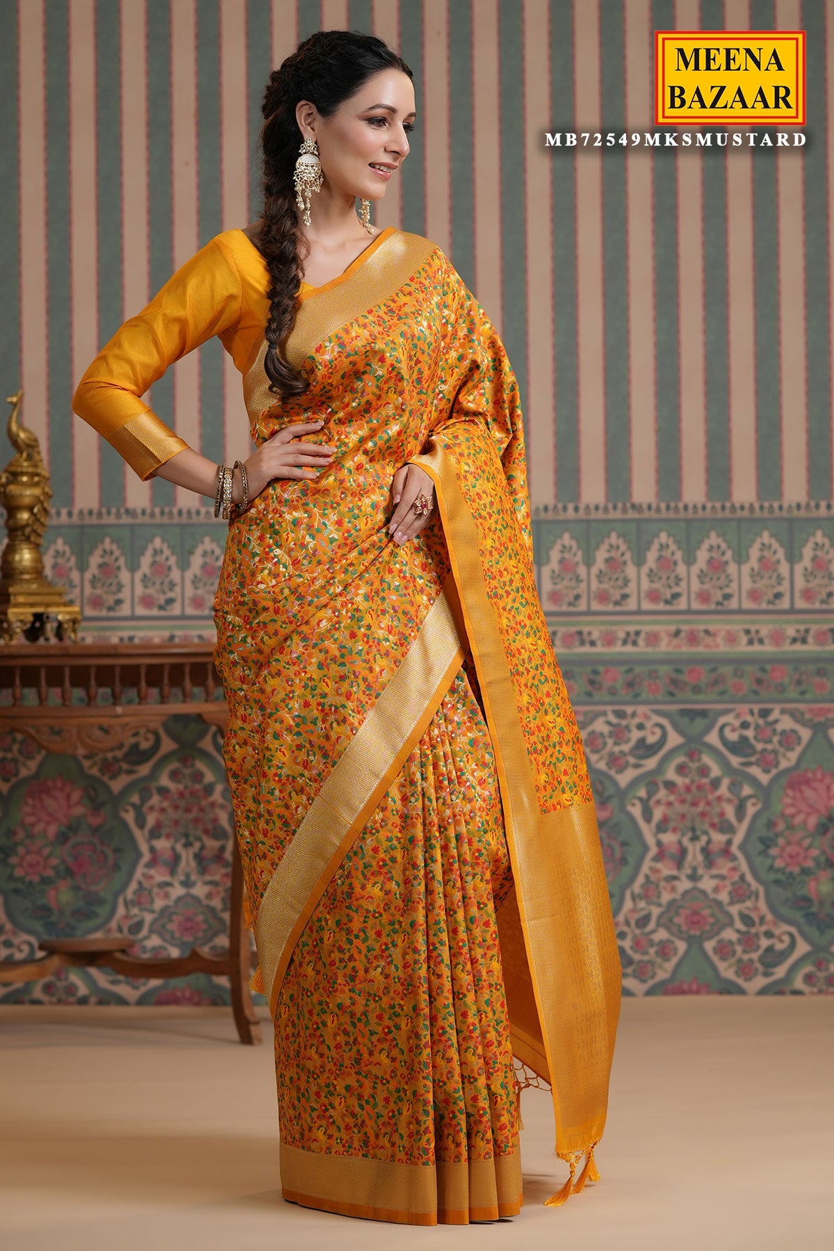 Mustard Silk Floral Printed Saree with Golden Zari Woven Border