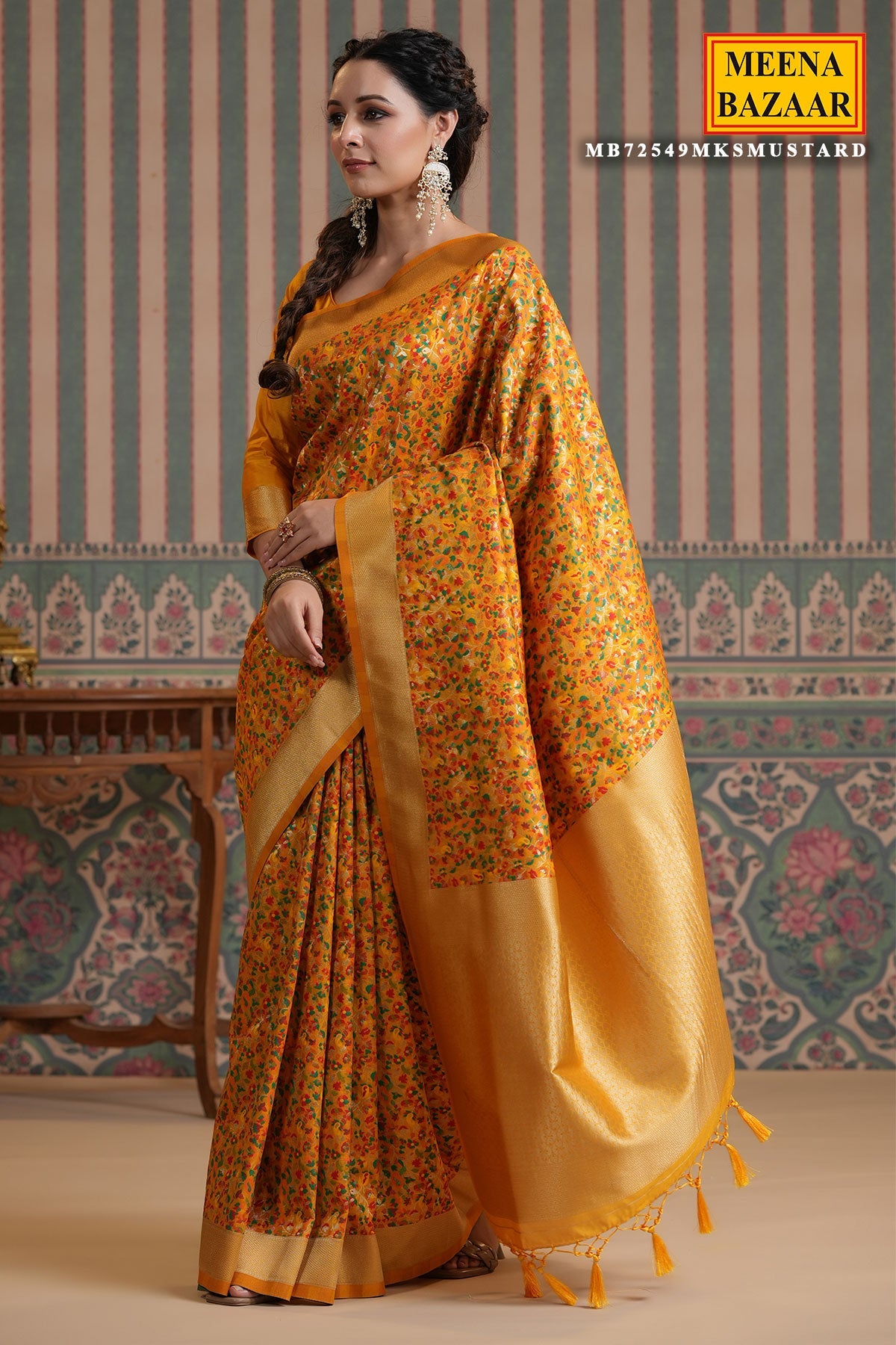 Mustard Silk Floral Printed Saree with Golden Zari Woven Border