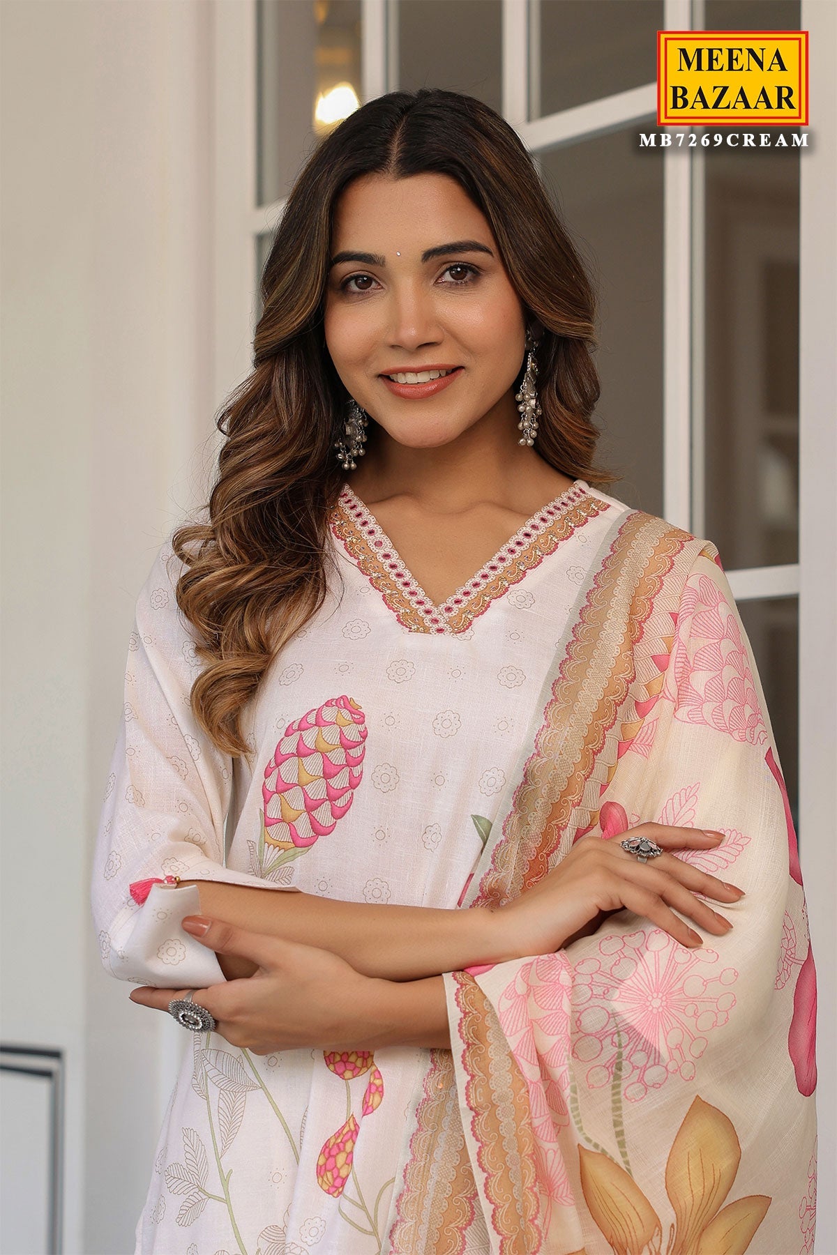 Cream Cotton Ready Made Suit with Elegant Neck Detailing