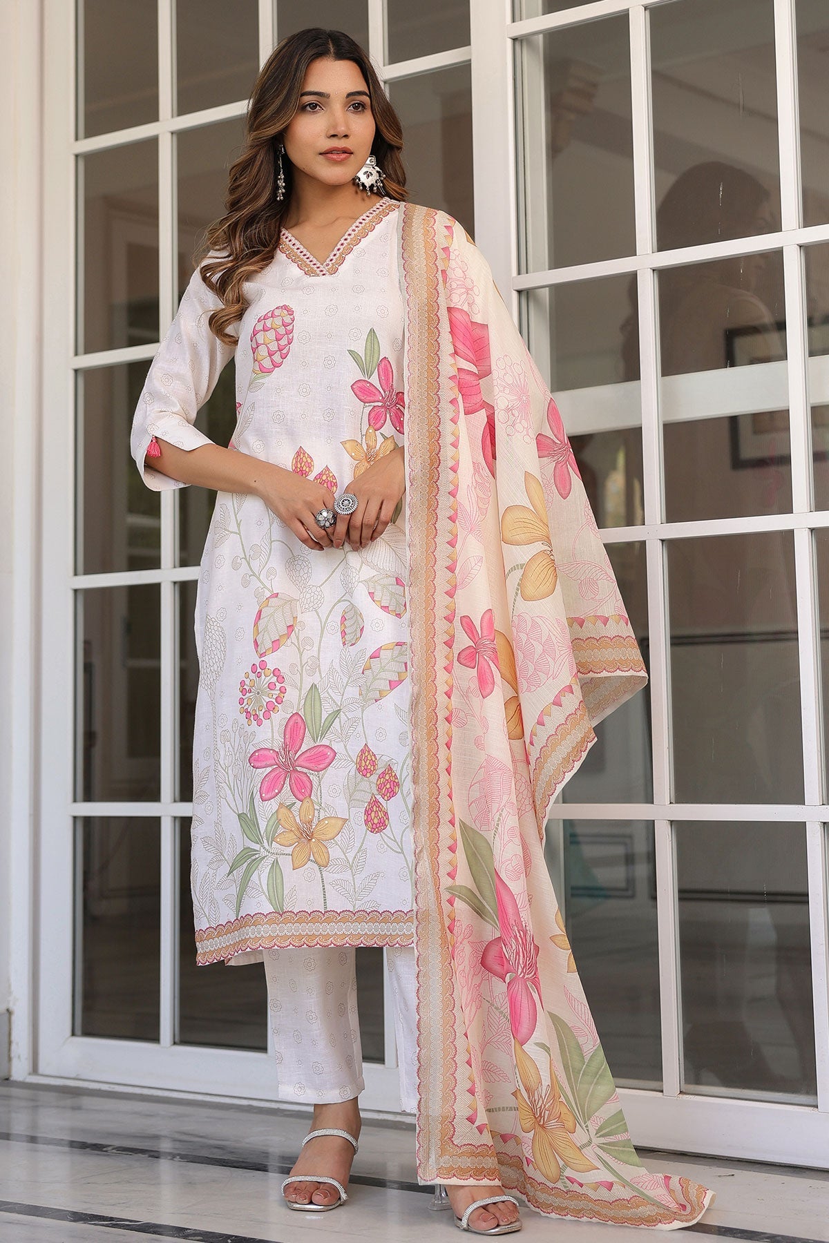 Cream Cotton Ready Made Suit with Elegant Neck Detailing