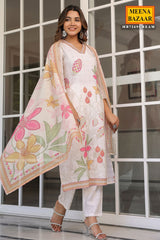 Cream Cotton Ready Made Suit with Elegant Neck Detailing
