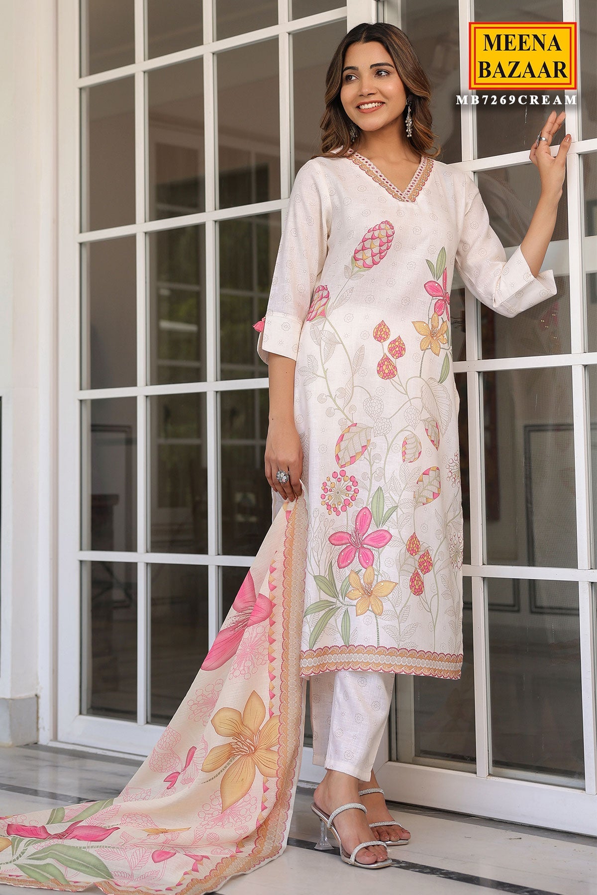 Cream Cotton Ready Made Suit with Elegant Neck Detailing