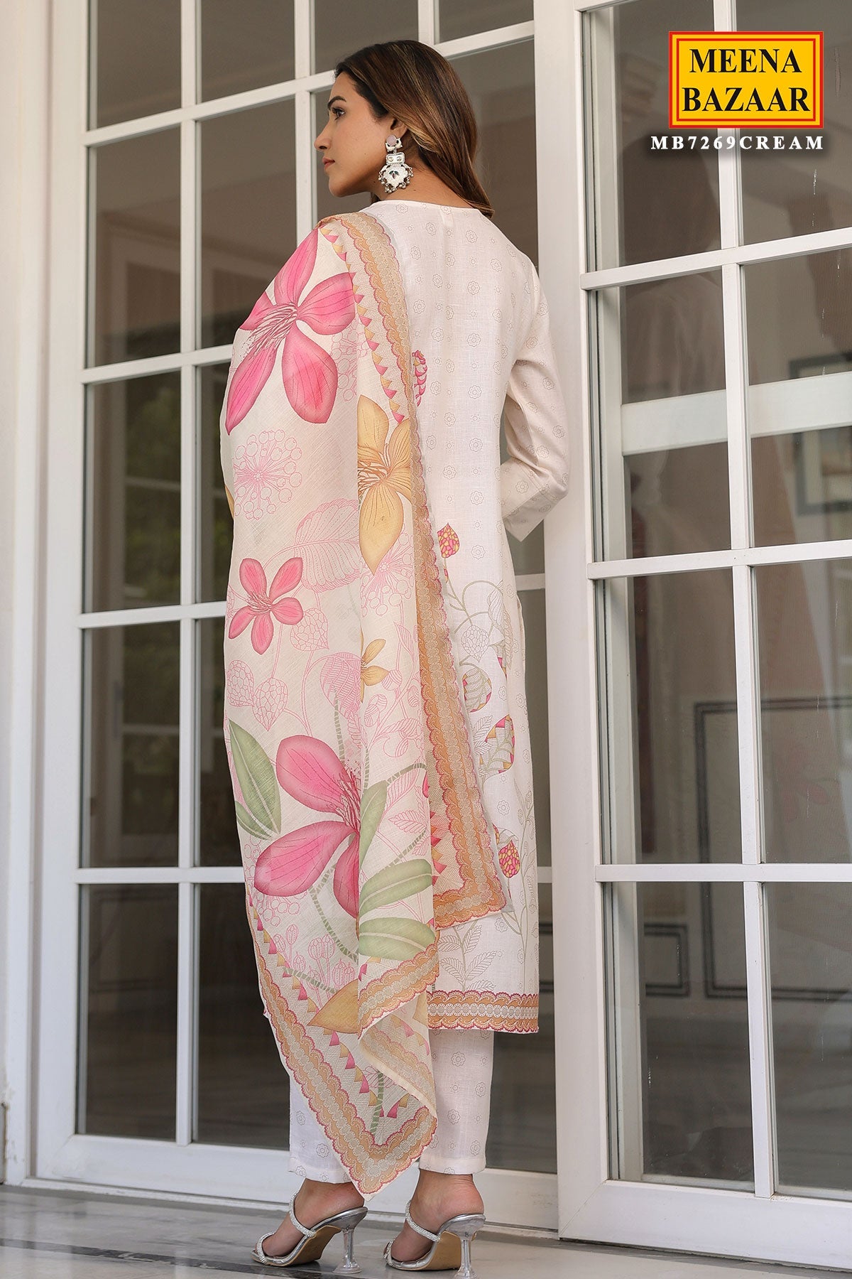 Cream Cotton Ready Made Suit with Elegant Neck Detailing