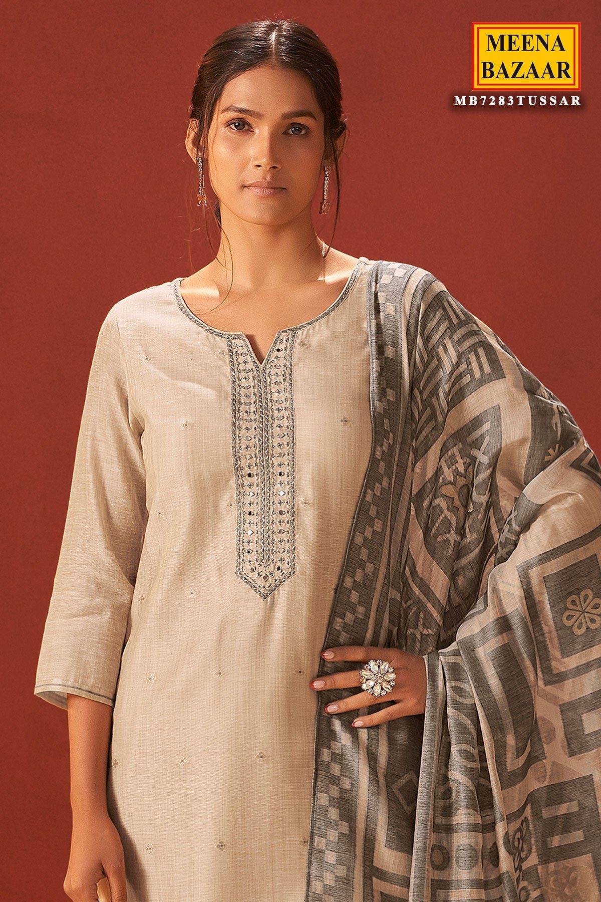 Tussar Cotton Ready Made Suit with Neck Embroidery