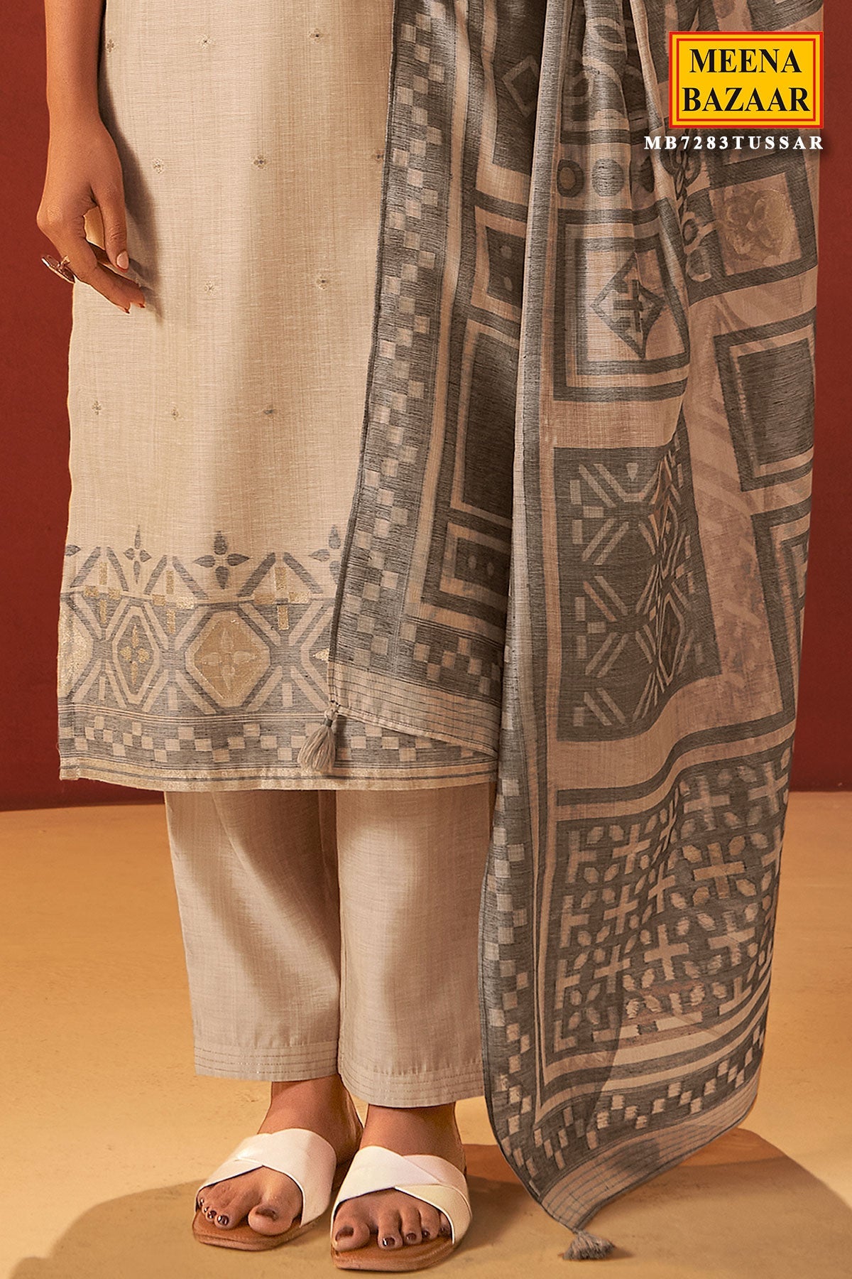 Tussar Cotton Ready Made Suit with Neck Embroidery