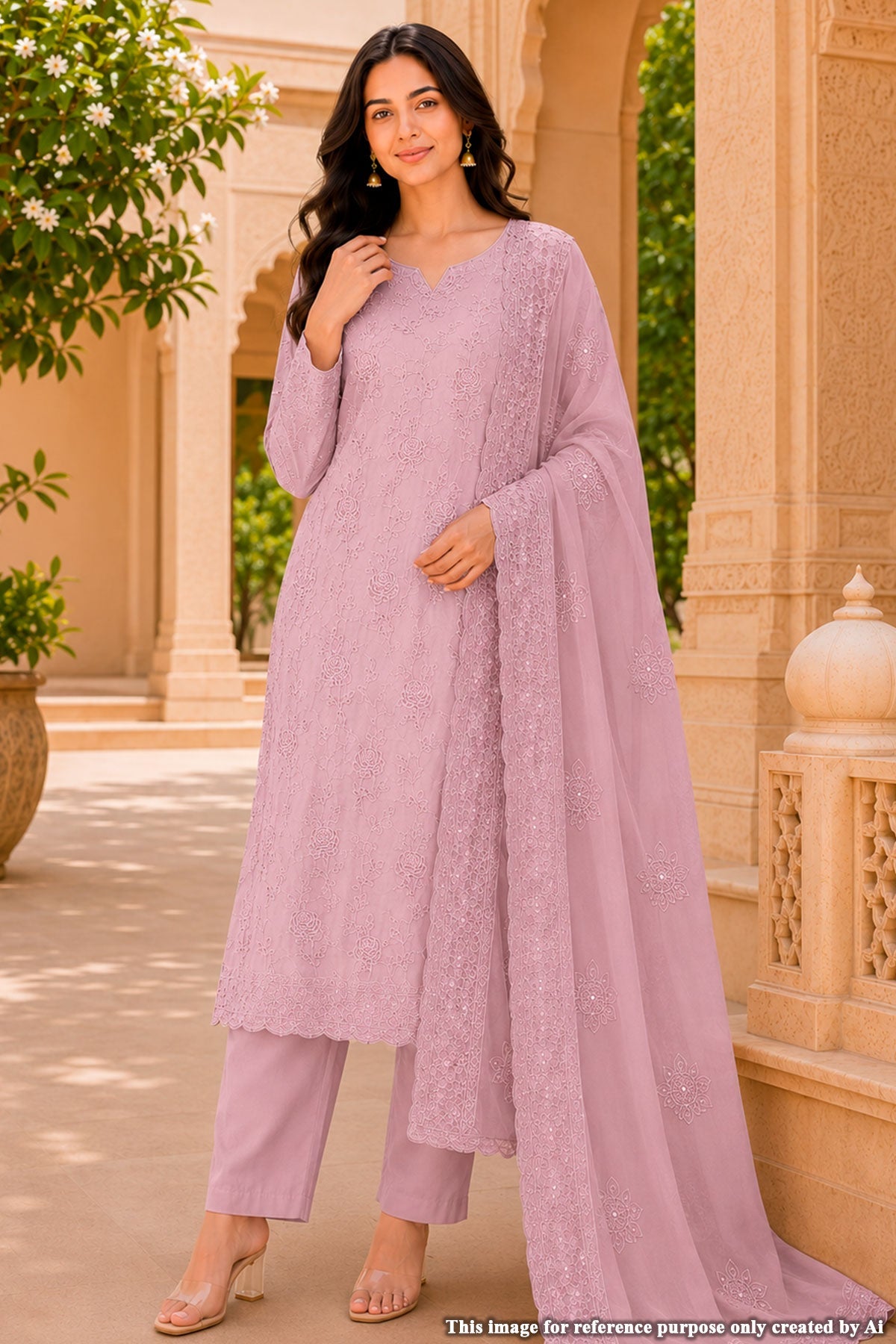 Mauve Floral Embroidered Suit Set