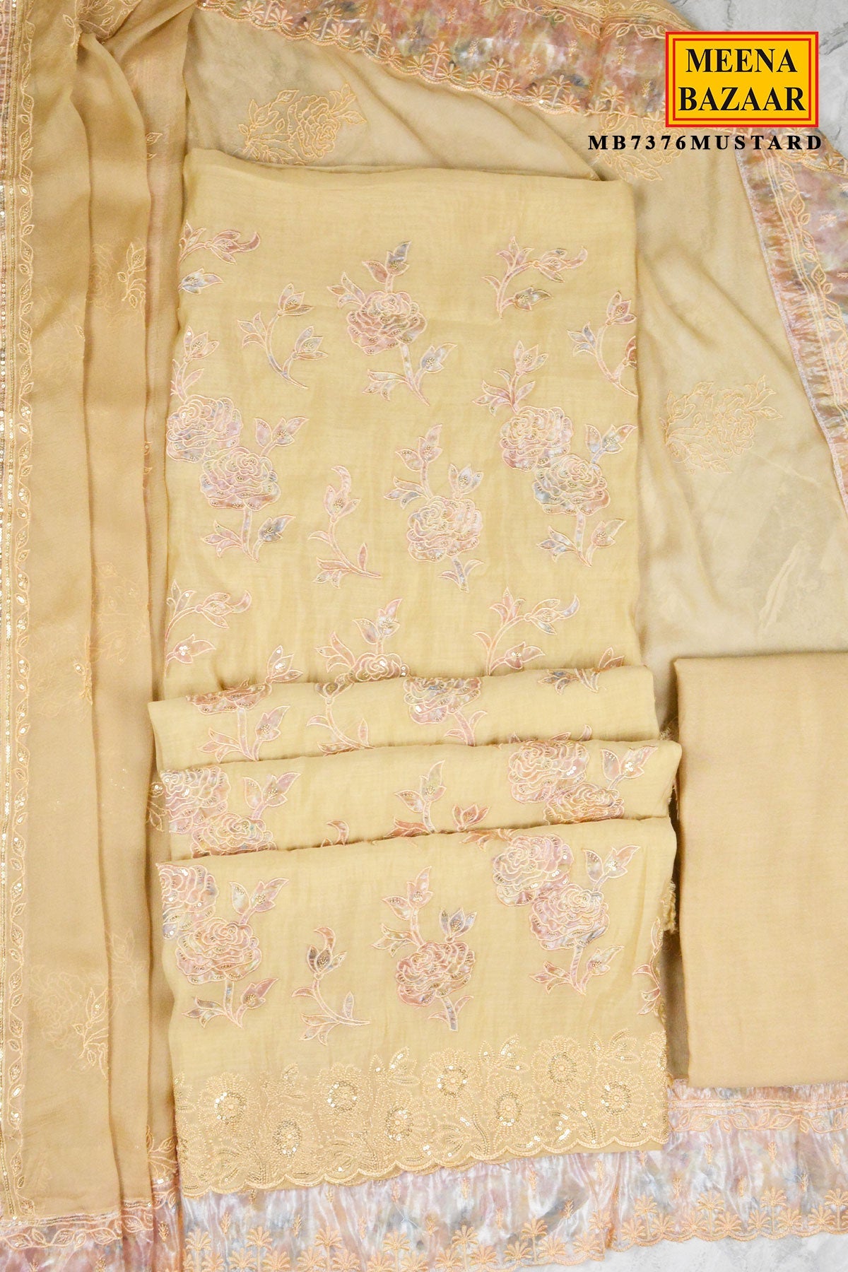 Mustard Floral Embroidered Cotton Suit Set