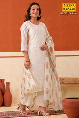 Elegant Cream Chanderi ReadyMade Suit with Neck Embroidery