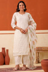 Elegant Cream Chanderi ReadyMade Suit with Neck Embroidery