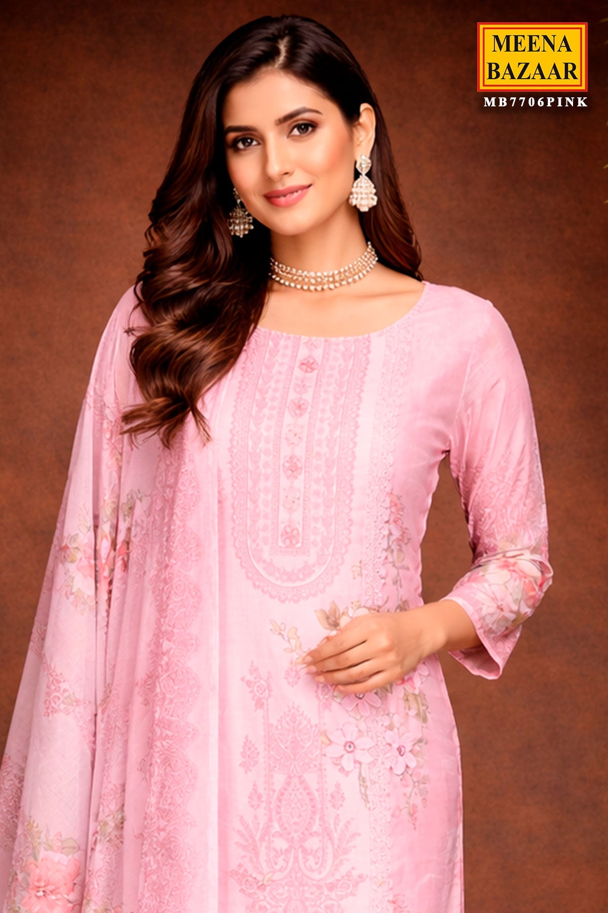 Pink Cotton Ready-Made Suit with Elegant Neck Embroidery