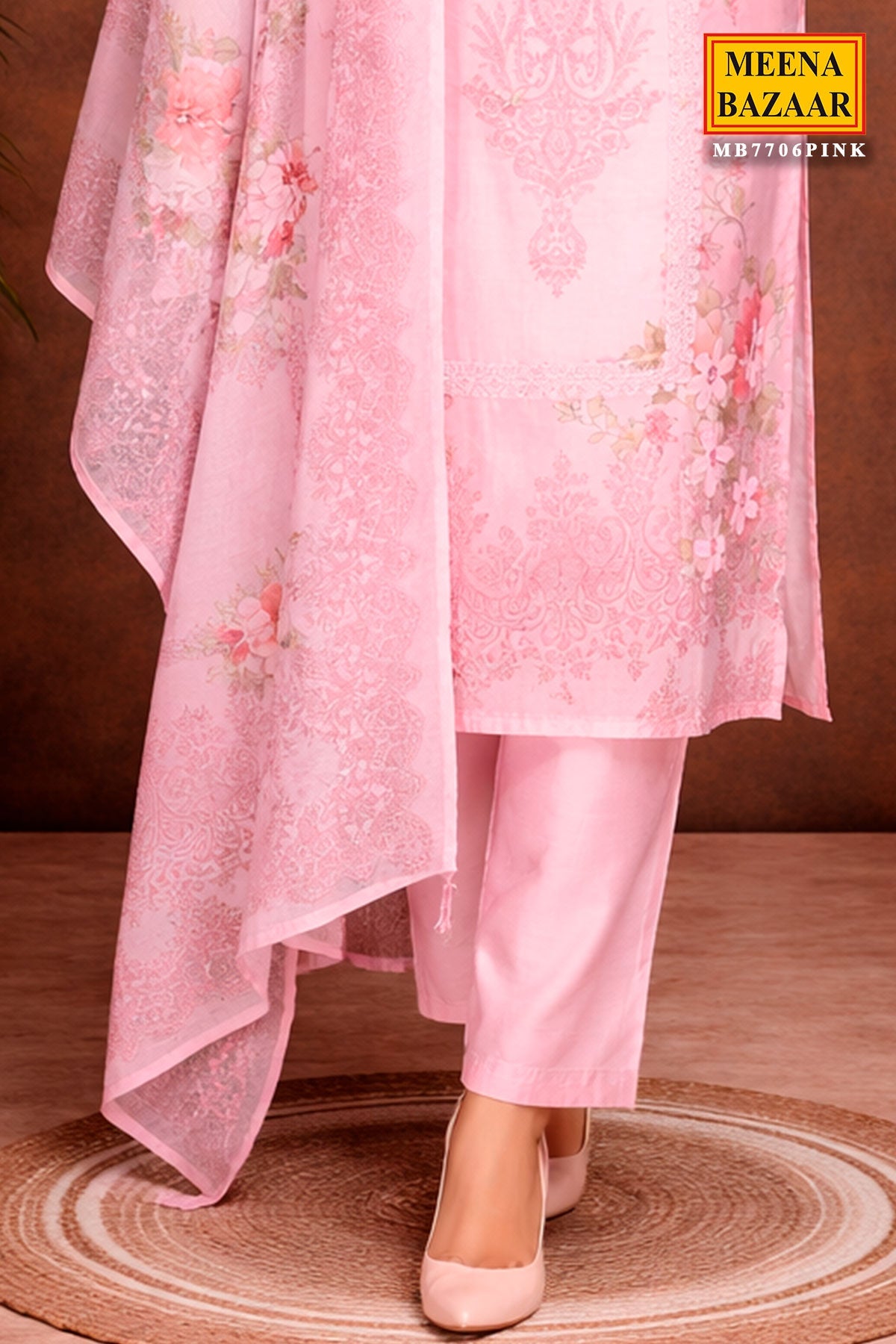 Pink Cotton Ready-Made Suit with Elegant Neck Embroidery