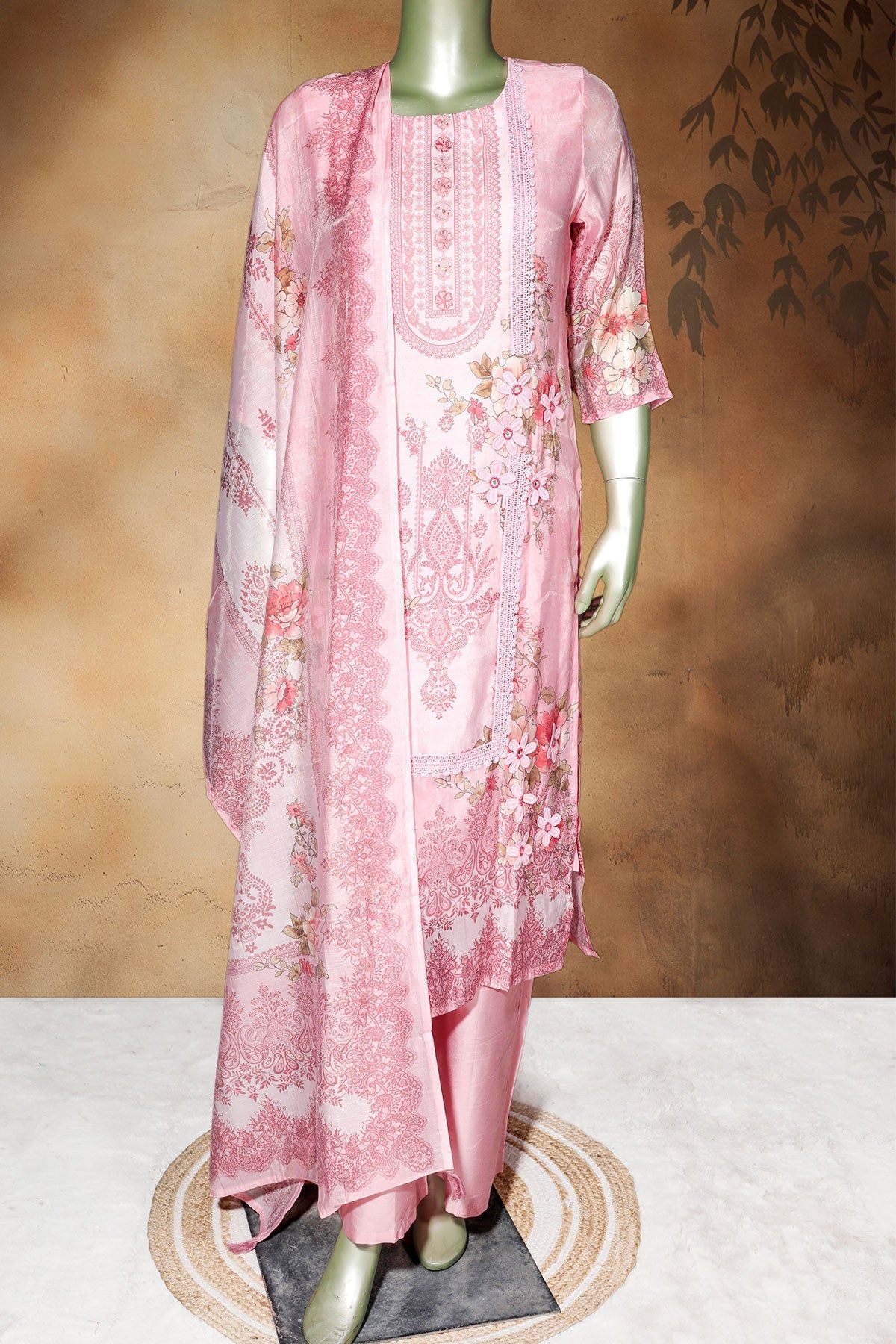 Pink Cotton Ready-Made Suit with Elegant Neck Embroidery
