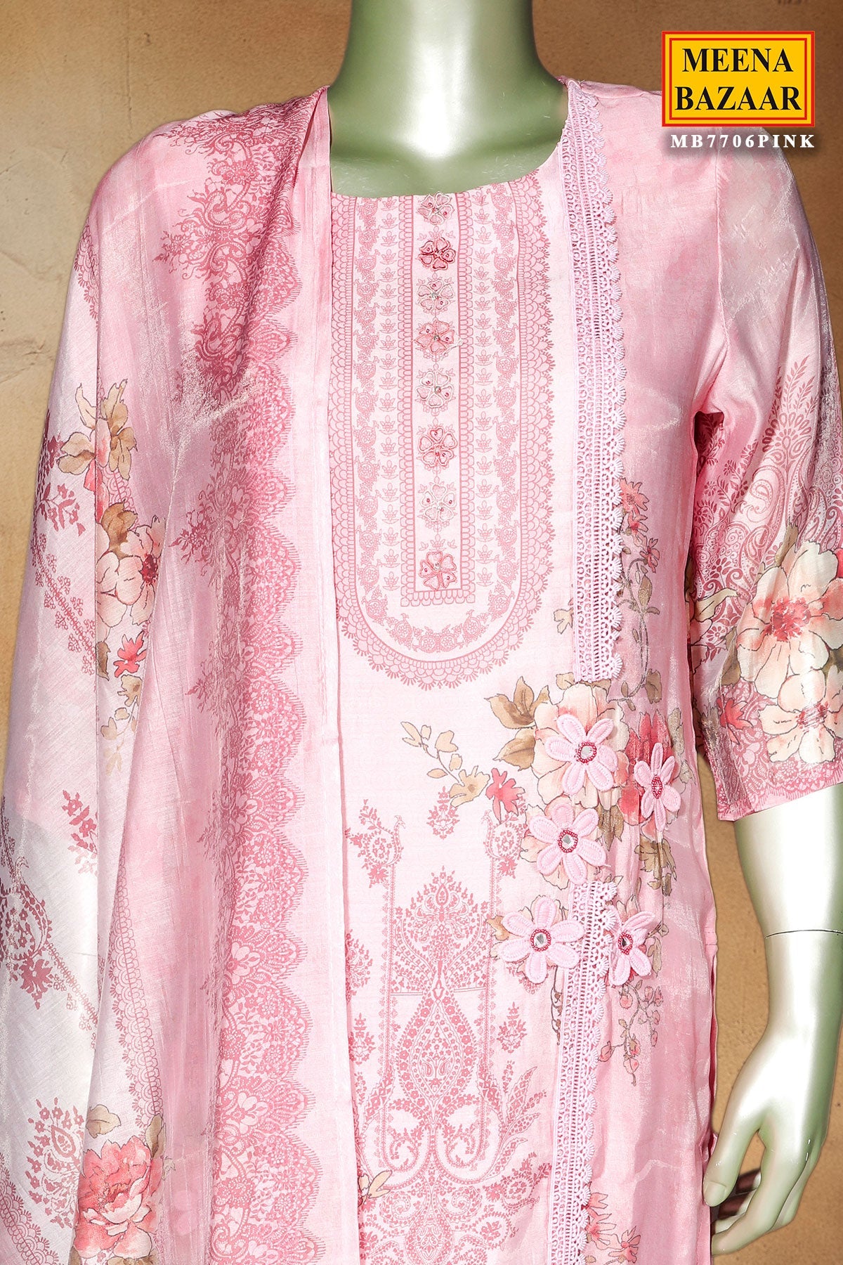 Pink Cotton Ready-Made Suit with Elegant Neck Embroidery