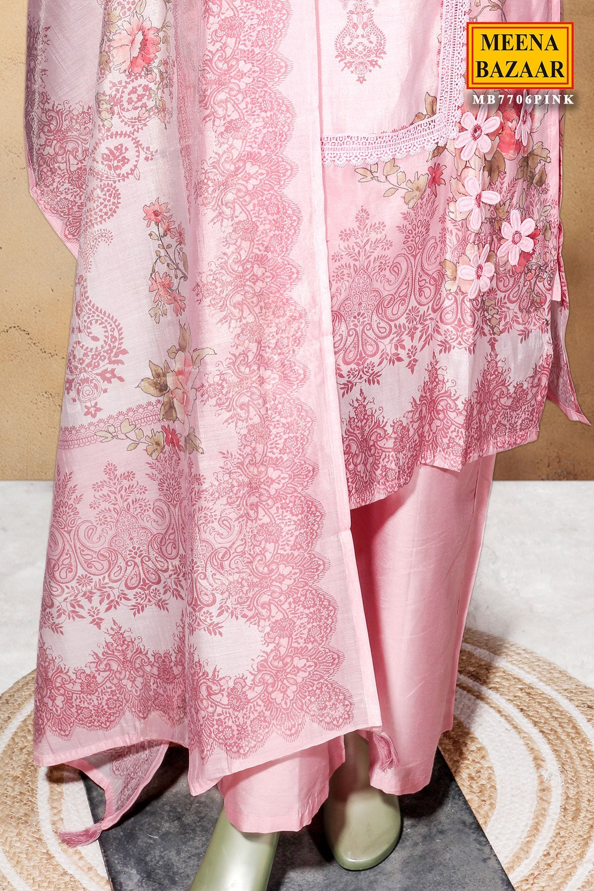 Pink Cotton Ready-Made Suit with Elegant Neck Embroidery