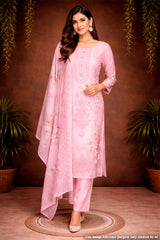 Pink Cotton Ready-Made Suit with Elegant Neck Embroidery