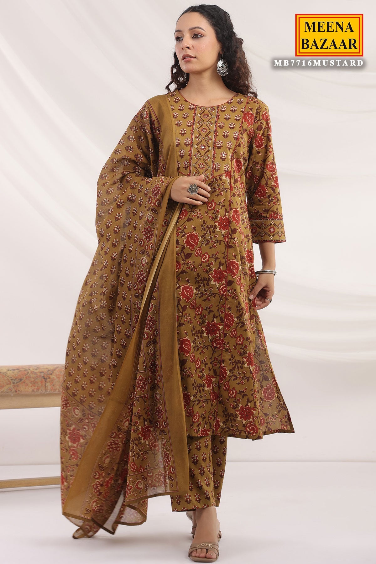 Mustard Cotton Ready Made Suit with Elegant Neck Design