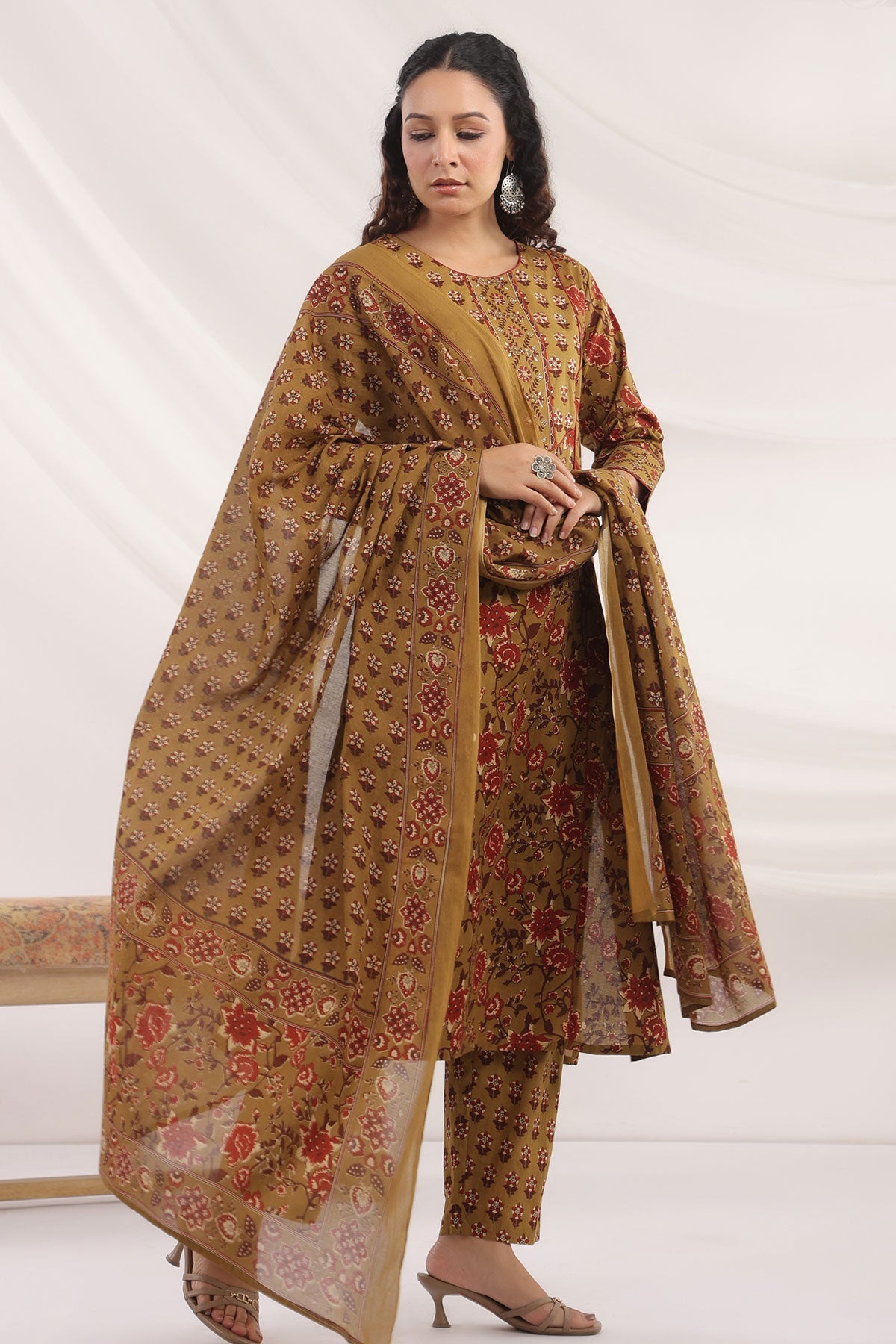 Mustard Cotton Ready Made Suit with Elegant Neck Design