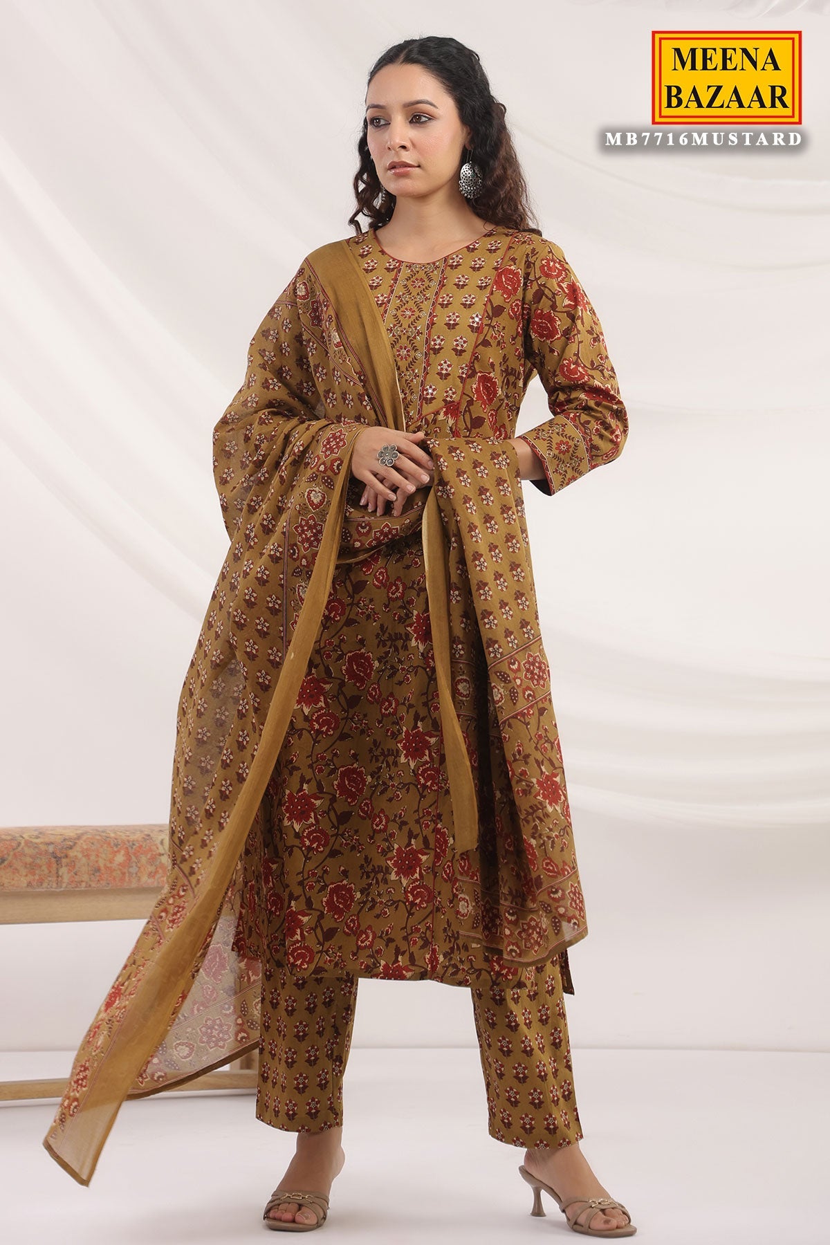 Mustard Cotton Ready Made Suit with Elegant Neck Design