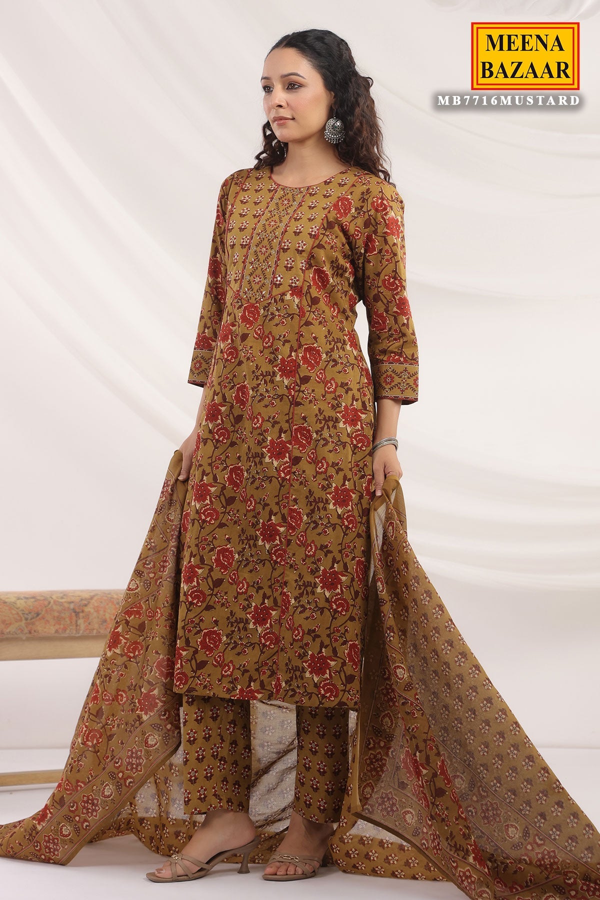 Mustard Cotton Ready Made Suit with Elegant Neck Design