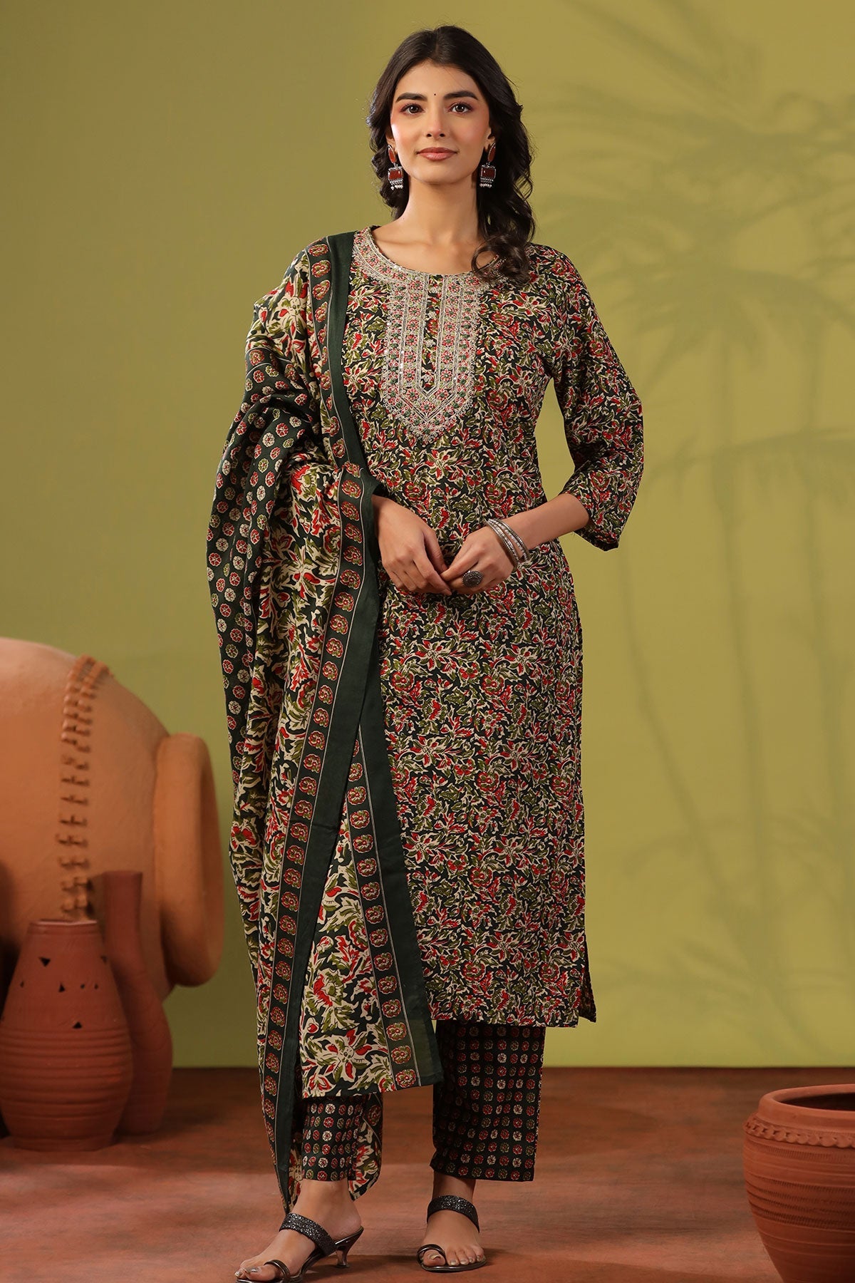Emerald Green Cotton Ready Made Suit
