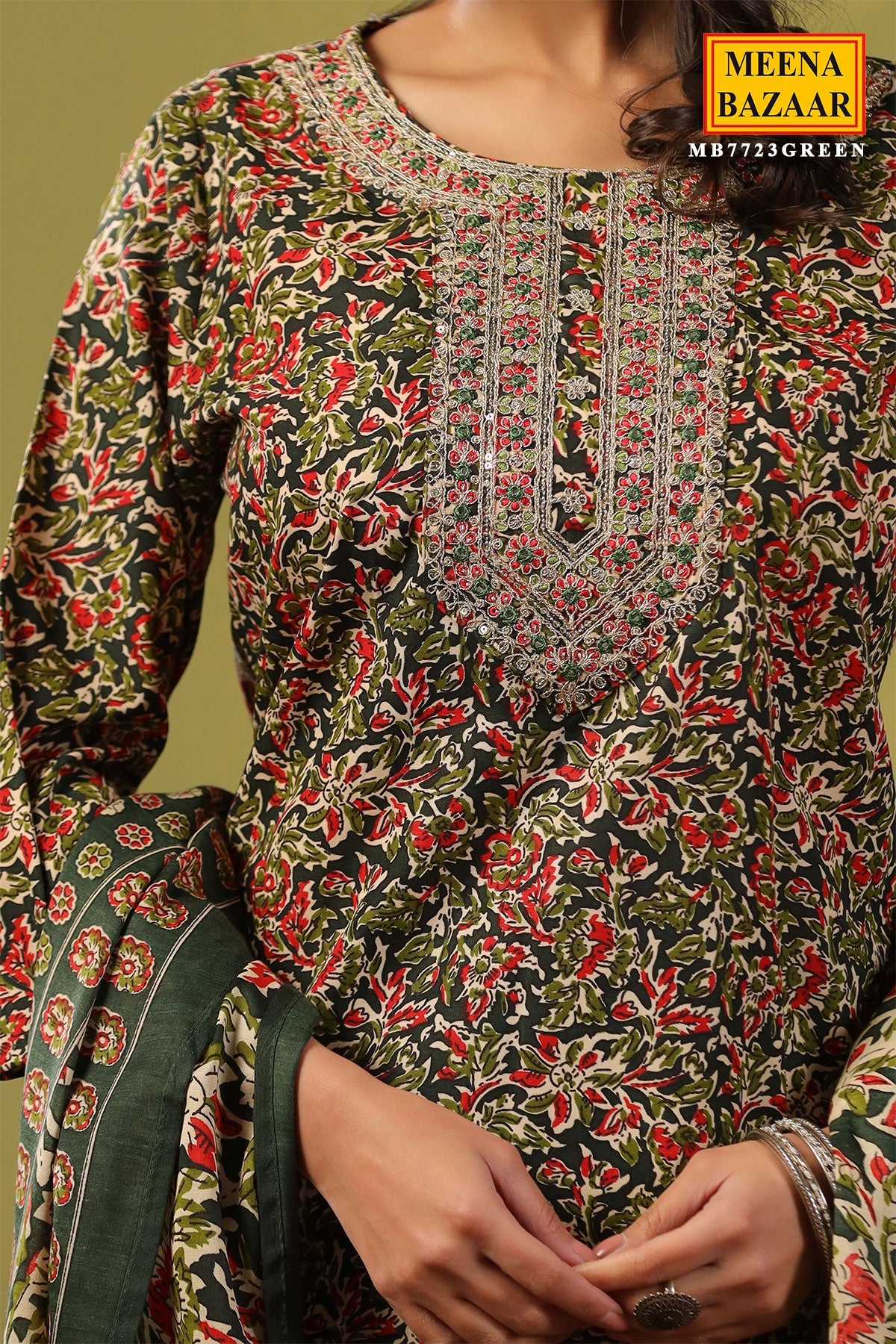 Emerald Green Cotton Ready Made Suit