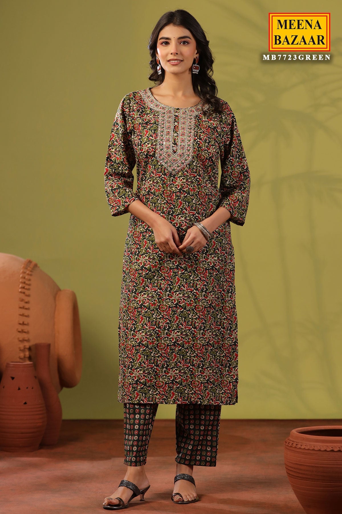 Emerald Green Cotton Ready Made Suit