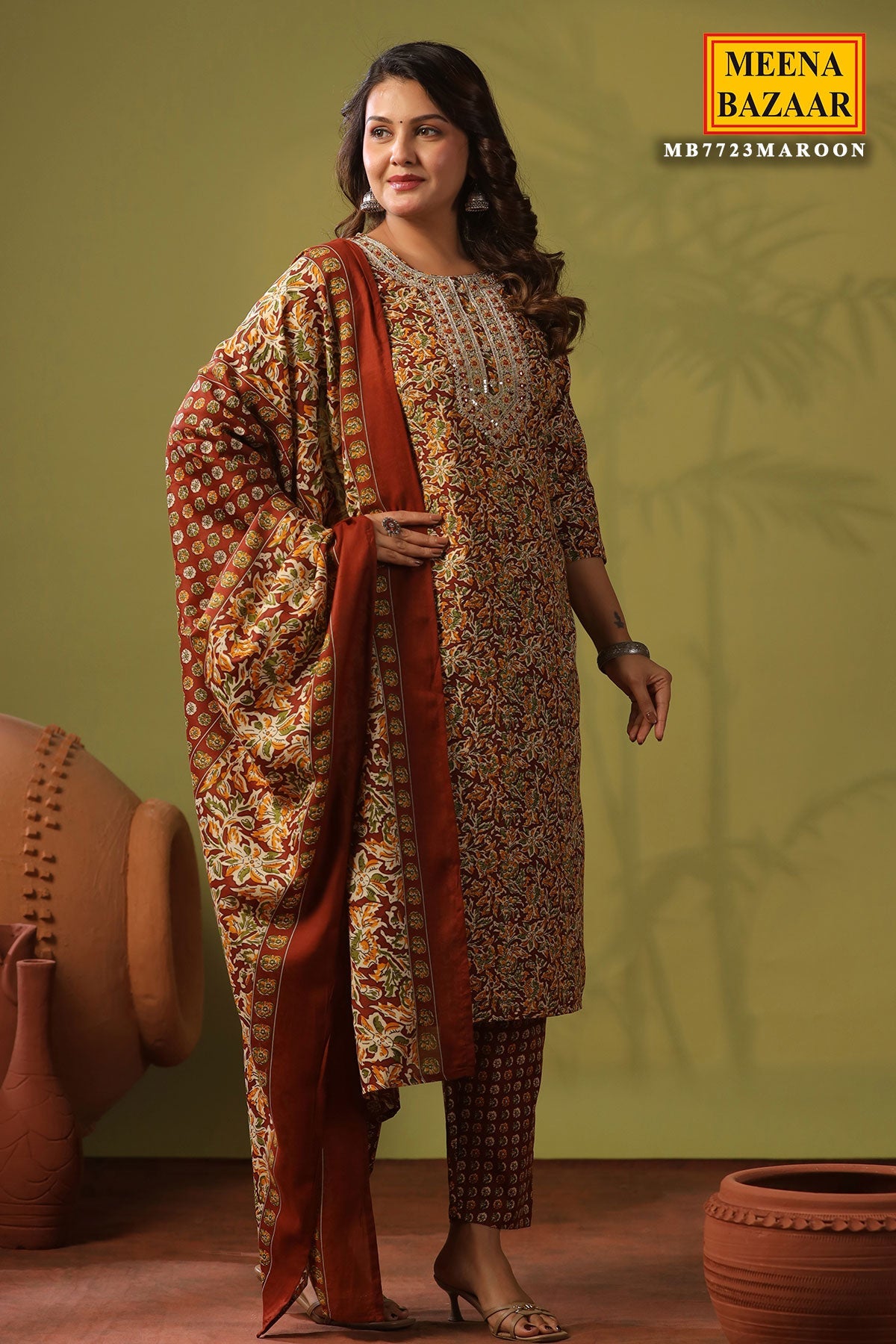 Emerald Maroon Cotton Ready Made Suit