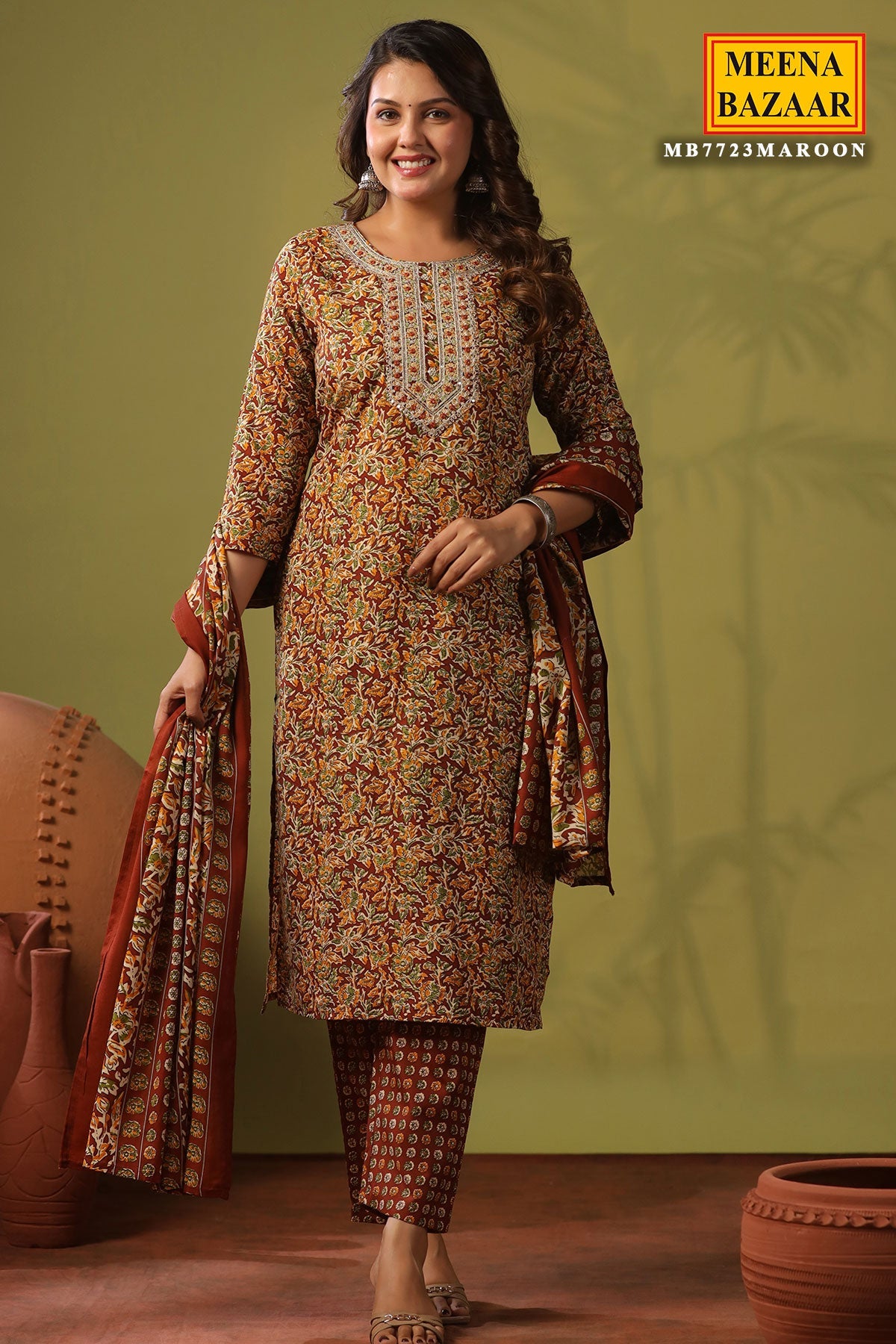 Emerald Maroon Cotton Ready Made Suit