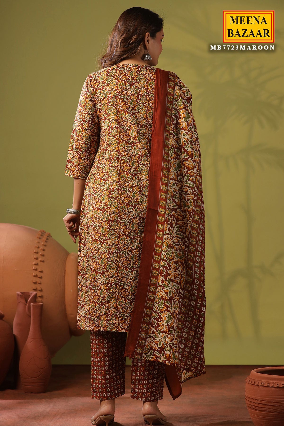 Emerald Maroon Cotton Ready Made Suit