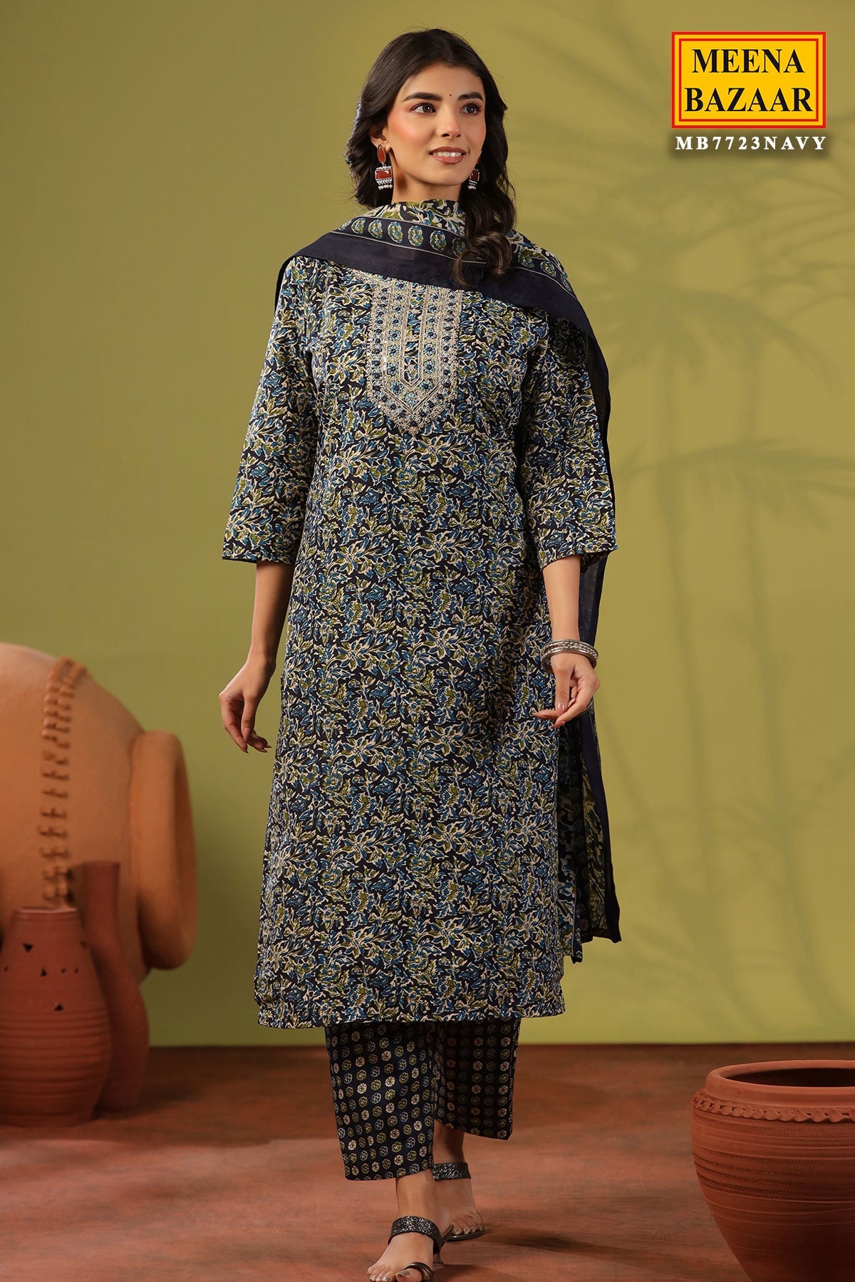 Emerald Navy Cotton Ready Made Suit