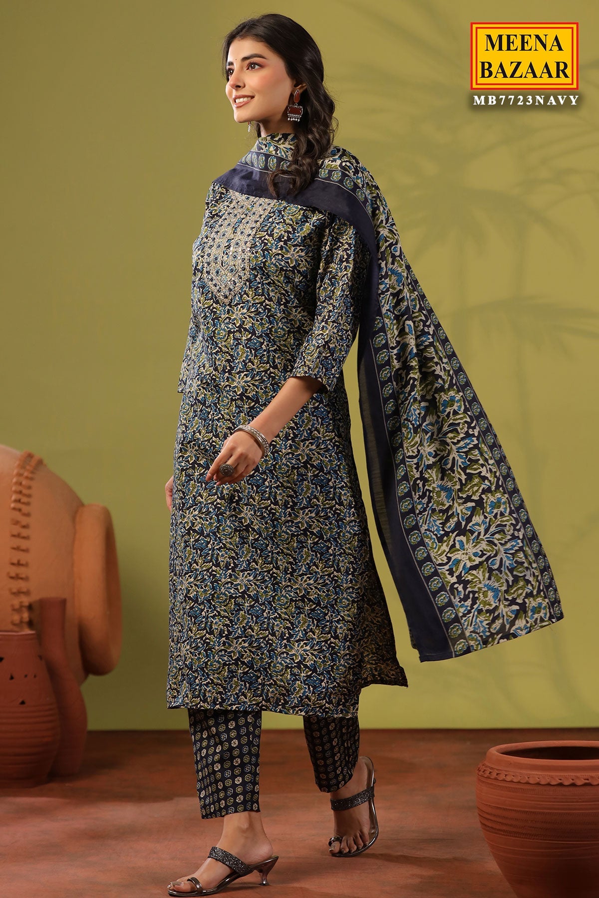 Emerald Navy Cotton Ready Made Suit