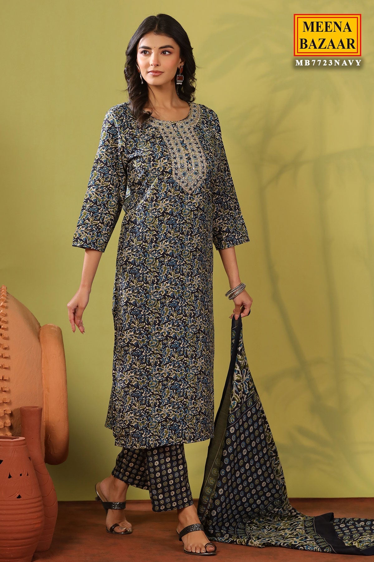 Emerald Navy Cotton Ready Made Suit