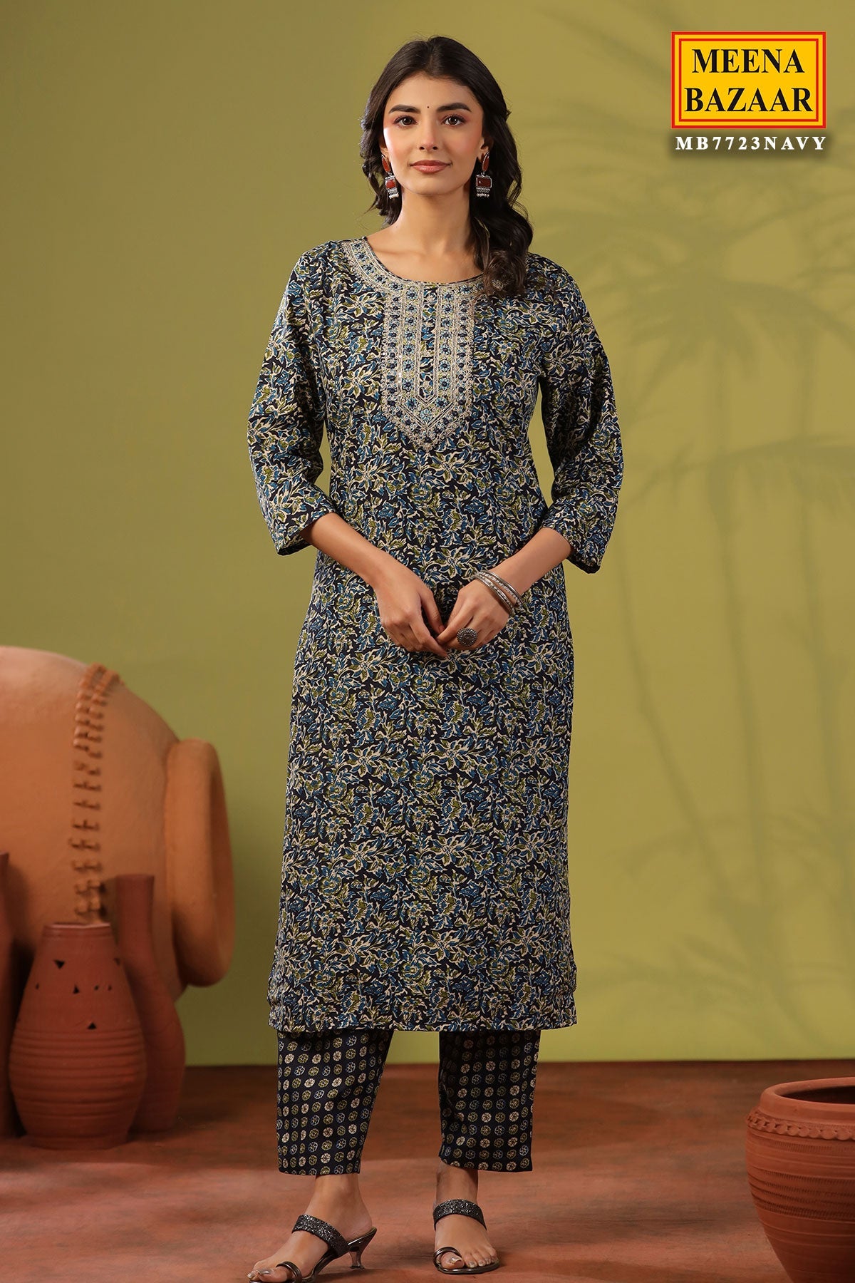 Emerald Navy Cotton Ready Made Suit