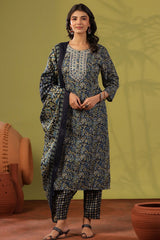 Emerald Navy Cotton Ready Made Suit